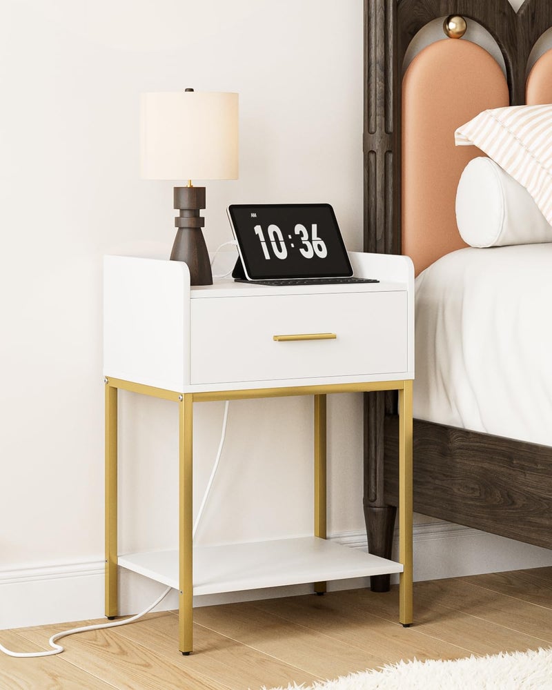 AEPOALUA Nightstand with Charging Station, Modern Bedside Table with Drawer and Legs,White and Gold Night Stand with Open Shelf, Narrow Side Table for Bedroom, Living Room - Image 1