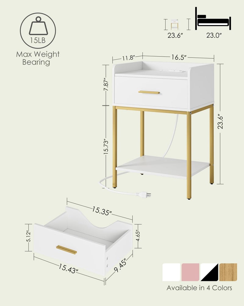 AEPOALUA Nightstand with Charging Station, Modern Bedside Table with Drawer and Legs,White and Gold Night Stand with Open Shelf, Narrow Side Table for Bedroom, Living Room - Image 2