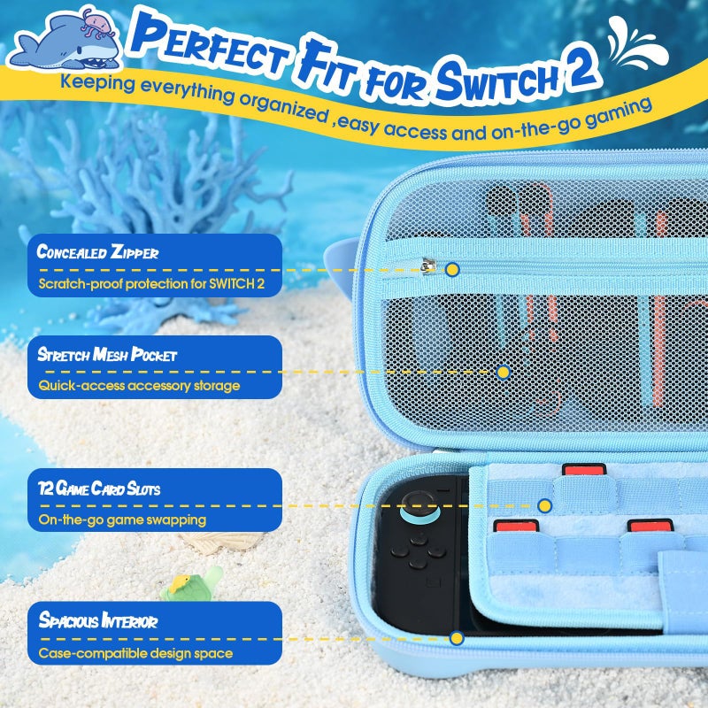 GeekShare Portable Carrying Case Compatible with Switch 2 (2025), Hard Storage Bag with 12 Game Card Slots, Cute Travel Case for Switch 2 Console and Accessories, Shark - Image 2