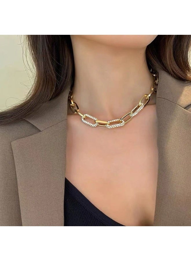 Women's Gold-Plated Thick and Chuncky Sparkly Chain Necklace - Bold Short Chain with Shiny Stones, Safe for Skin - Image 1