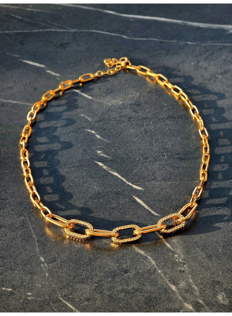 Women's Gold-Plated Thick and Chuncky Sparkly Chain Necklace - Bold Short Chain with Shiny Stones, Safe for Skin - Image 2