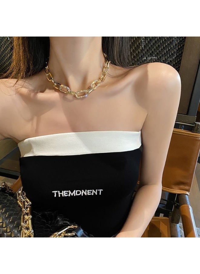 Women's Gold-Plated Thick and Chuncky Sparkly Chain Necklace - Bold Short Chain with Shiny Stones, Safe for Skin - Image 3