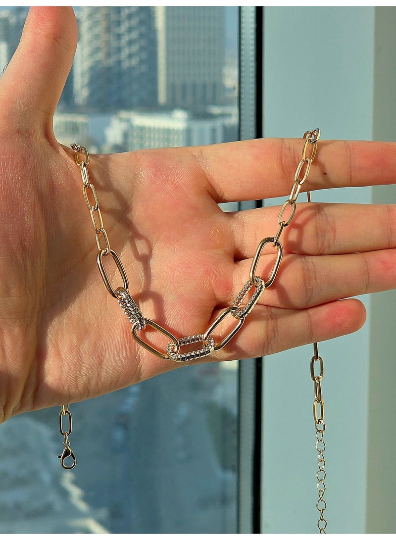 Women's Gold-Plated Thick and Chuncky Sparkly Chain Necklace - Bold Short Chain with Shiny Stones, Safe for Skin - Image 5