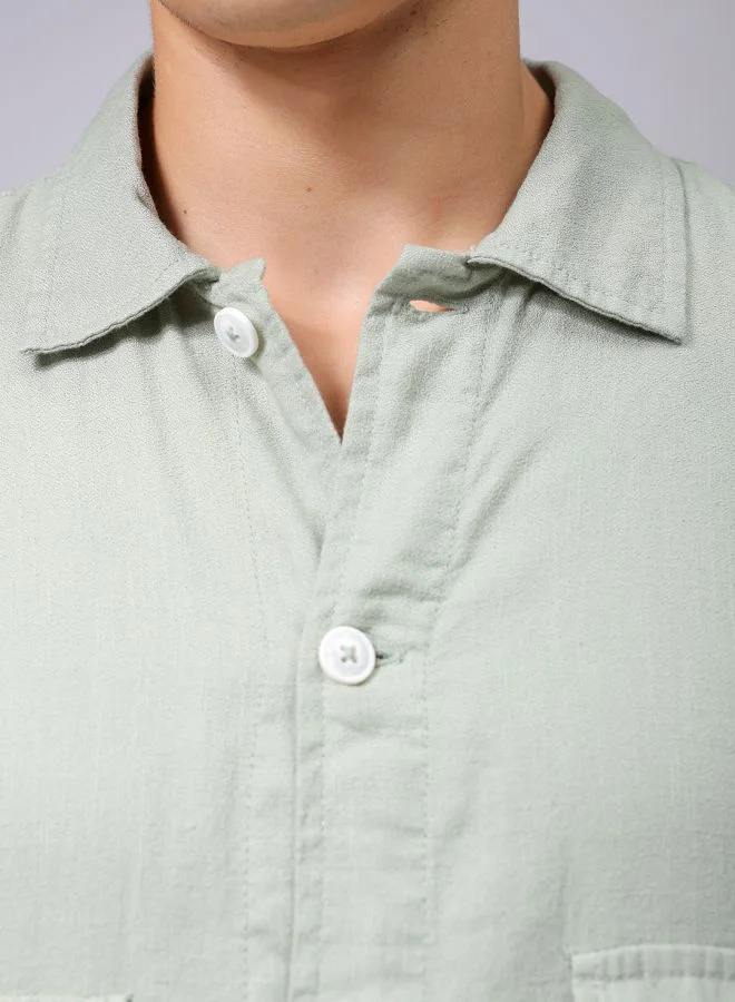 The Indian Garage Co Men Regular Fit Solid Full Sleeves Cutaway Collar Double Flap Pocket Resort Wear Over Shirt