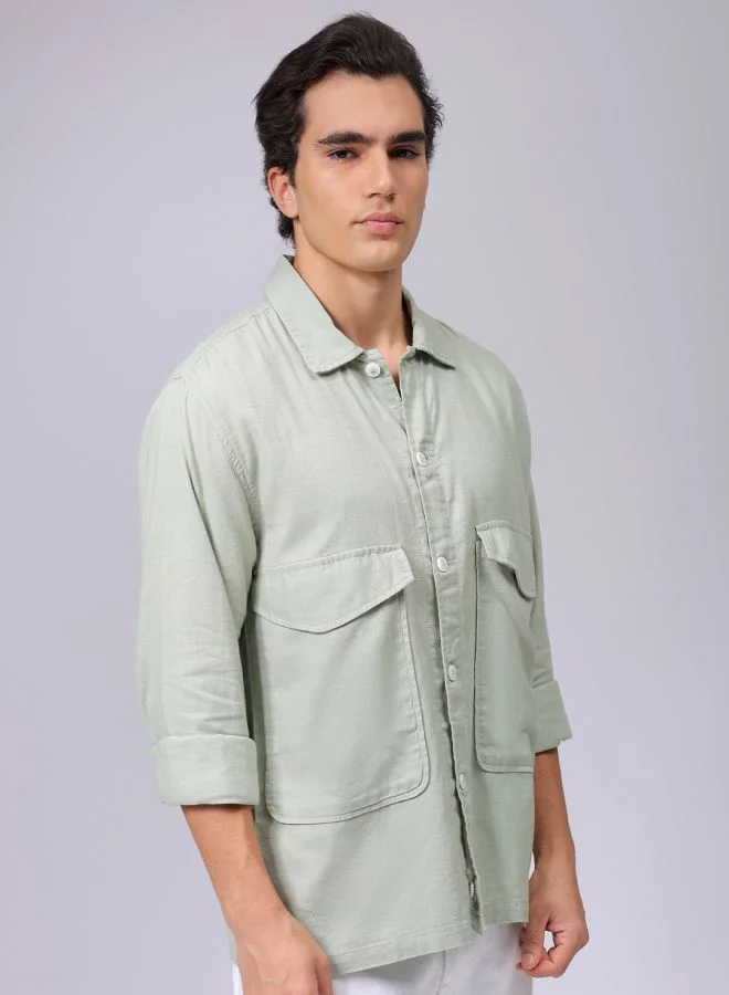 The Indian Garage Co Men Regular Fit Solid Full Sleeves Cutaway Collar Double Flap Pocket Resort Wear Over Shirt