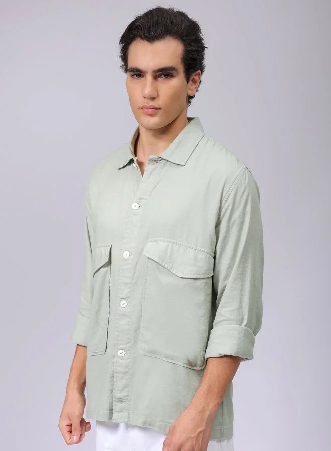 The Indian Garage Co Men Regular Fit Solid Full Sleeves Cutaway Collar Double Flap Pocket Resort Wear Over Shirt