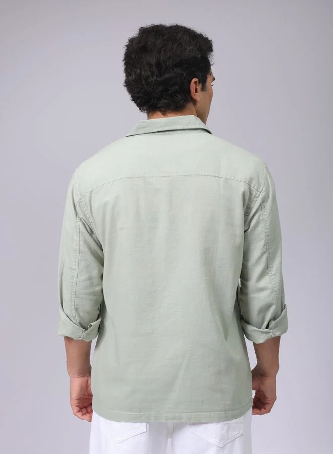 The Indian Garage Co Men Regular Fit Solid Full Sleeves Cutaway Collar Double Flap Pocket Resort Wear Over Shirt