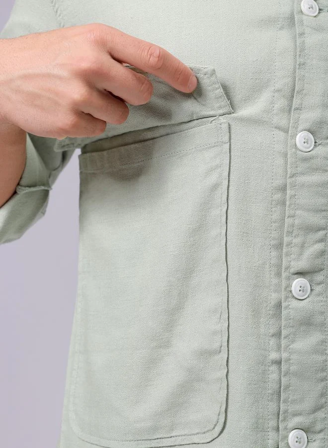 The Indian Garage Co Men Regular Fit Solid Full Sleeves Cutaway Collar Double Flap Pocket Resort Wear Over Shirt