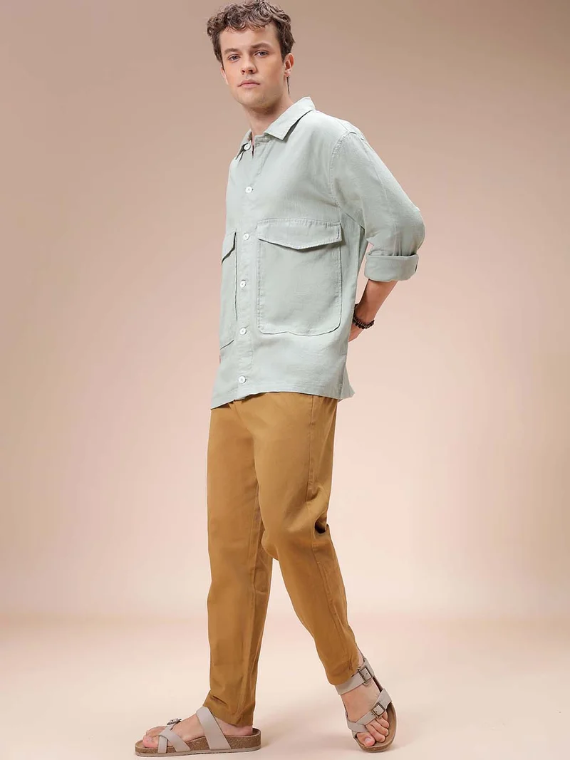The Indian Garage Co Men Regular Fit Solid Full Sleeves Cutaway Collar Double Flap Pocket Resort Wear Over Shirt