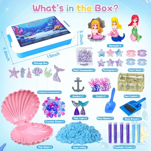 Hymaz Mermaid Sensory Bin Play Sand Art Kit with 22lbs Sensory Sand Sea Pearl Shell and Treasure Accessories Ocean Sandbox Beach Pretend Play Toy Christmas Birthday Gift for Girls Kids Ages 38 - Image 5