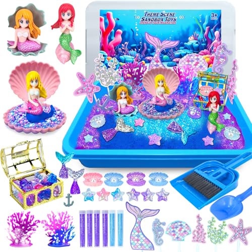 Hymaz Mermaid Sensory Bin Play Sand Art Kit with 22lbs Sensory Sand Sea Pearl Shell and Treasure Accessories Ocean Sandbox Beach Pretend Play Toy Christmas Birthday Gift for Girls Kids Ages 38 - Image 1