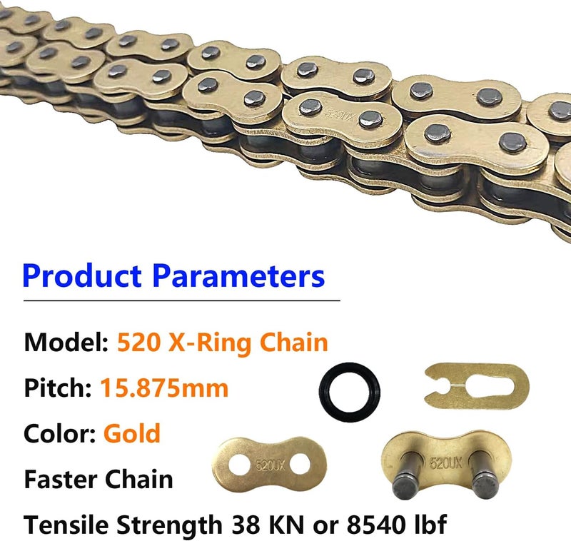 BIGLKNM سلسلة BIGLKNM 520 X-Ring، 124 وصلة سلسلة دراجة نارية ثقيلة الوزن باللون الذهبي مع وصلة رئيسية متصلة - Image 5