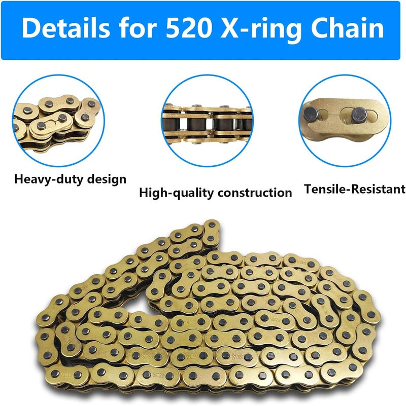 BIGLKNM سلسلة BIGLKNM 520 X-Ring، 124 وصلة سلسلة دراجة نارية ثقيلة الوزن باللون الذهبي مع وصلة رئيسية متصلة - Image 2