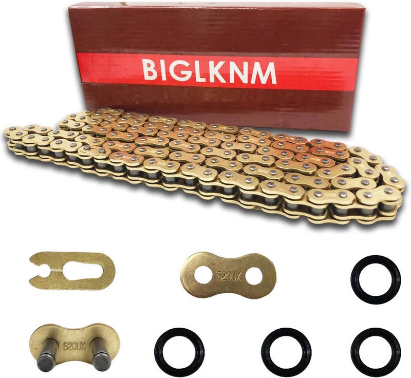 BIGLKNM سلسلة BIGLKNM 520 X-Ring، 124 وصلة سلسلة دراجة نارية ثقيلة الوزن باللون الذهبي مع وصلة رئيسية متصلة - Image 1