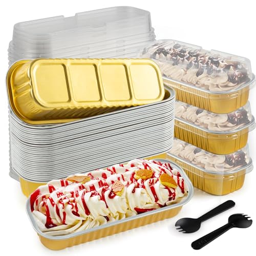DNY 50Pcs Mini Loaf Pans with Lids – Gold Aluminum Foil Baking Pans | Disposable Mini Cake & Brownie Pans with Covers | Rectangle Baking Cups for Party, Picnic, Oven Use - Image 1
