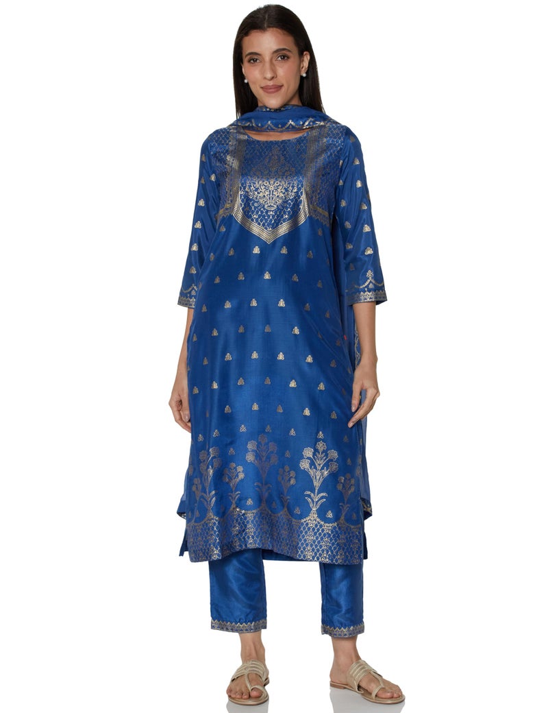 Biba Women's Polyester Printed Narrow Salwar Kurta Dupatta (Skdassorted7666E_Blue_32) - Image 1