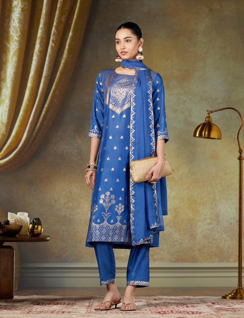 Biba Women's Polyester Printed Narrow Salwar Kurta Dupatta (Skdassorted7666E_Blue_32) - Image 2
