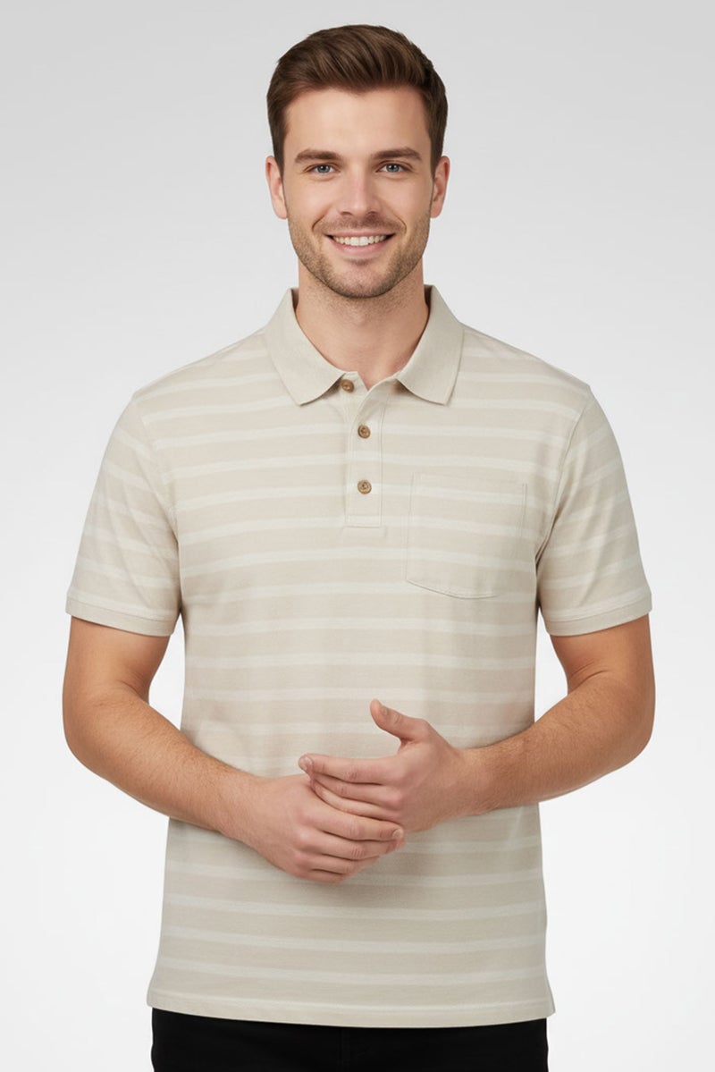Rainforest Men Regular Fit Stripe Short Sleeve Polo Shirt, Beige - Image 1