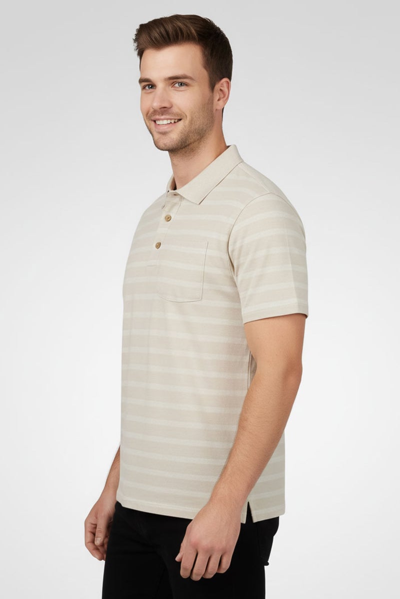 Rainforest Men Regular Fit Stripe Short Sleeve Polo Shirt, Beige - Image 3
