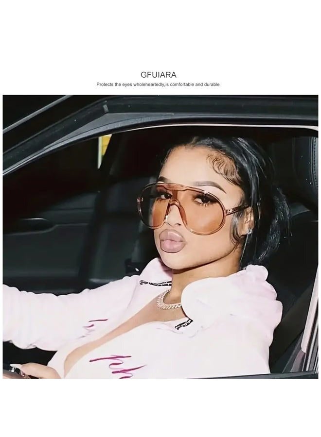 GFUIARA Trendy Oversized Sunglasses for Women Men Fashion Shield Aviator Sun Glasses UV400 Protection Goggles, Champagne, 65mm - Image 2