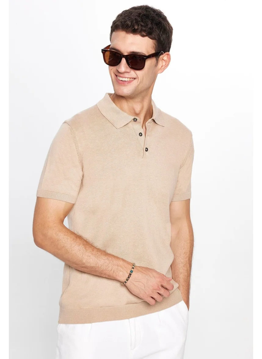 Tudors Men's Slim Fit Slim Cut Cotton Knitted Sweater Stone Polo Neck T-Shirt