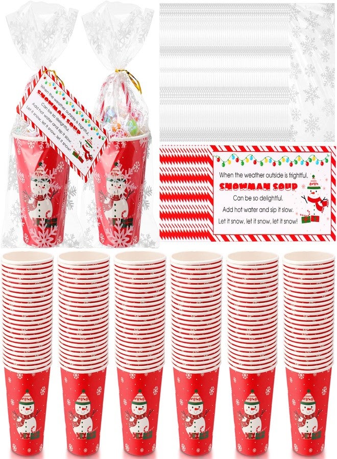 Funnymoom 100 Sets Christmas Snowman Soup Kits for Classroom Coworker Gift 12 Oz Winter Snowman Paper Cups for Hot Cocoa Chocolate Marshmallow Soup Tags Clear Xmas Bags (Vibrant) - Image 1