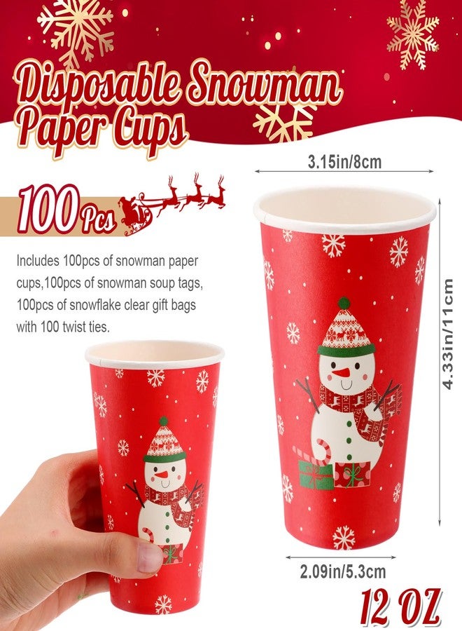Funnymoom 100 Sets Christmas Snowman Soup Kits for Classroom Coworker Gift 12 Oz Winter Snowman Paper Cups for Hot Cocoa Chocolate Marshmallow Soup Tags Clear Xmas Bags (Vibrant) - Image 2