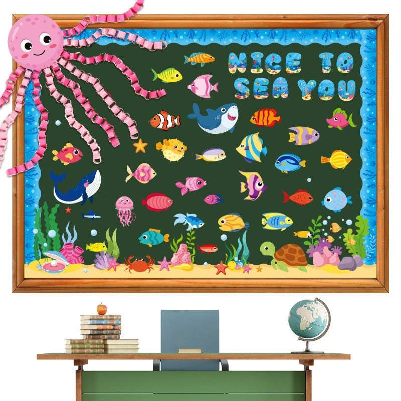 JUNEBRUSHS 104 Pcs Ocean Theme Bulletin Board Decorations DIY Sea Animals Octopus Fish Paper Cutouts Set Under The Sea Classroom Decor for Back to School Summer Party Supplies
