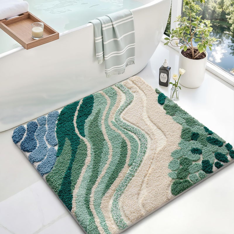 LUMI Beach Bathroom Rug Square, Non Slip Bath Mat Quick Dry, Ultra Soft Washable Absorbent, Ocean Sea Theme Bath Rug for Shower Floor, Home Decor, Kids Room, Bathtub, 32"x32" - Image 1