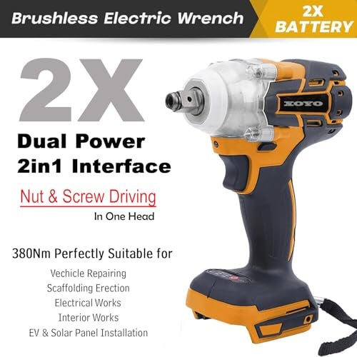 XOYO Cordless Impact Wrench X-Series 21V | 2in1 Interface both NUT/SCREW Driving Head | 2x21V Batteries | Max Torque 380Nm (206ft-lbs) | 2 Speed | Brushless Motor | FREE Screw Bits - Image 2