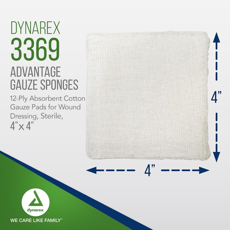 Dynarex ضمادات شاش Advantage المنسوجة 4 × 4 معقمة 12 طبقة وسادة شاش قطنية ماصة للجروح علبة 25 قطعة - Image 2