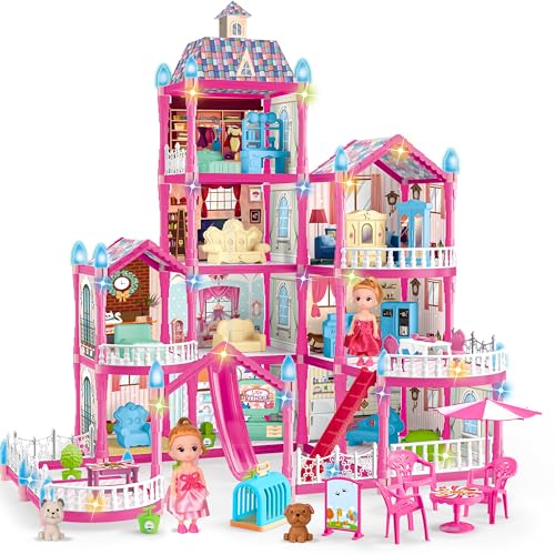 OCTERIC Doll House for Girls 10 Rooms Pink Doll House with 2 Dolls Lights Puppies Furnitures Accessories Toddler Playhouse Gift for for 3 4 5 6 7 8 9 10 Year Old Girls Toys - Image 1