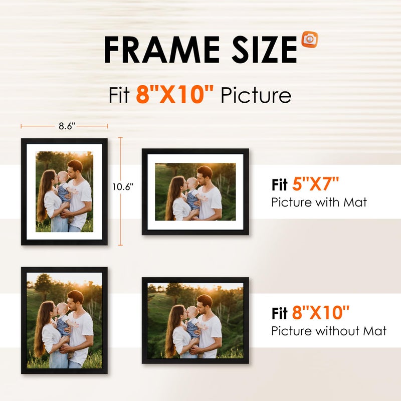 FIXSMITH 8x10 Picture Frame Set of 2, Photo Frame with HD Plexiglass, Display Pictures 5x7 with Mat or 8x10 Without Mat Multi Picture Frames Collage for Tabletop or Wall Display, Black - Image 2