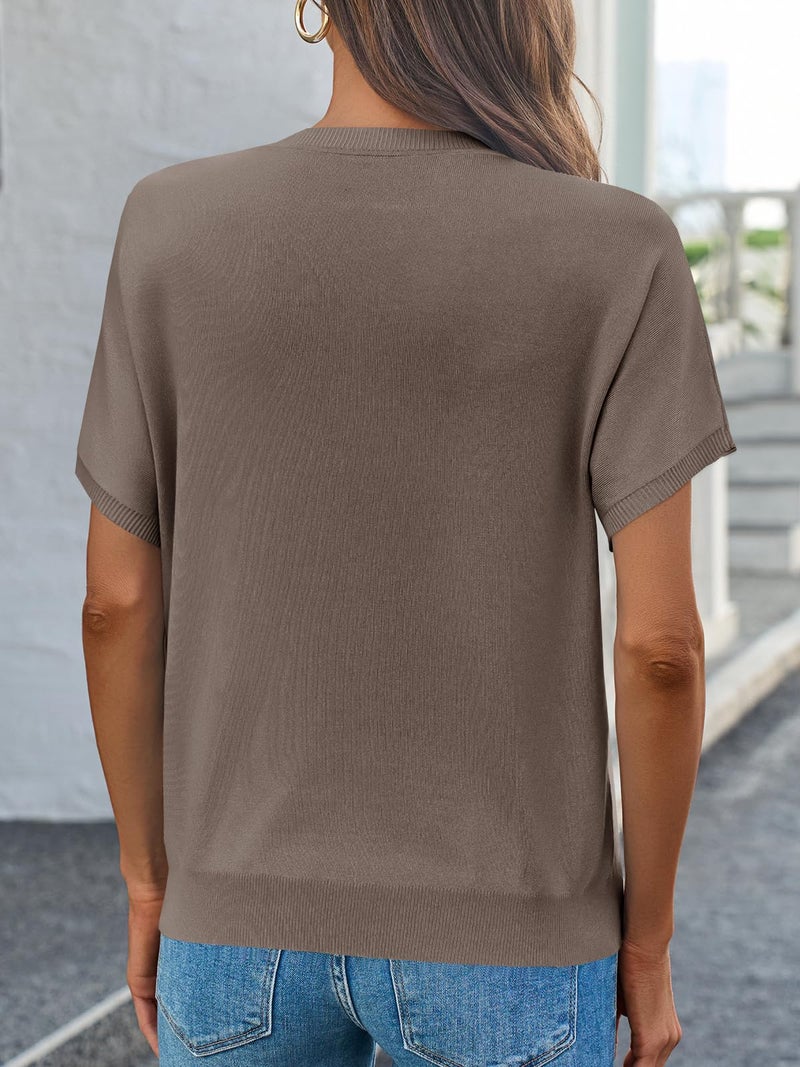 Saodimallsu Womens Short Sleeve Sweater Casual Basic Crew Neck Loose Knit Pullover Tops Summer Lightweight Blouses Coffee - Image 5