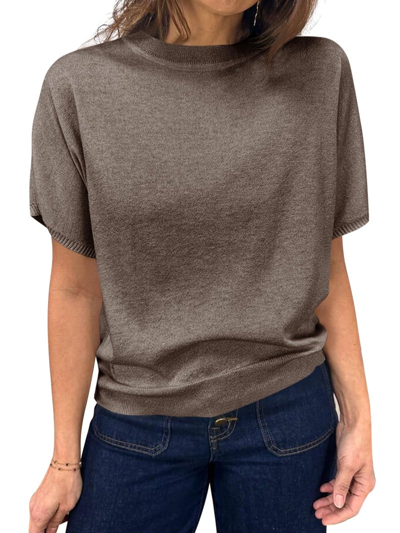 Saodimallsu Womens Short Sleeve Sweater Casual Basic Crew Neck Loose Knit Pullover Tops Summer Lightweight Blouses Coffee - Image 1