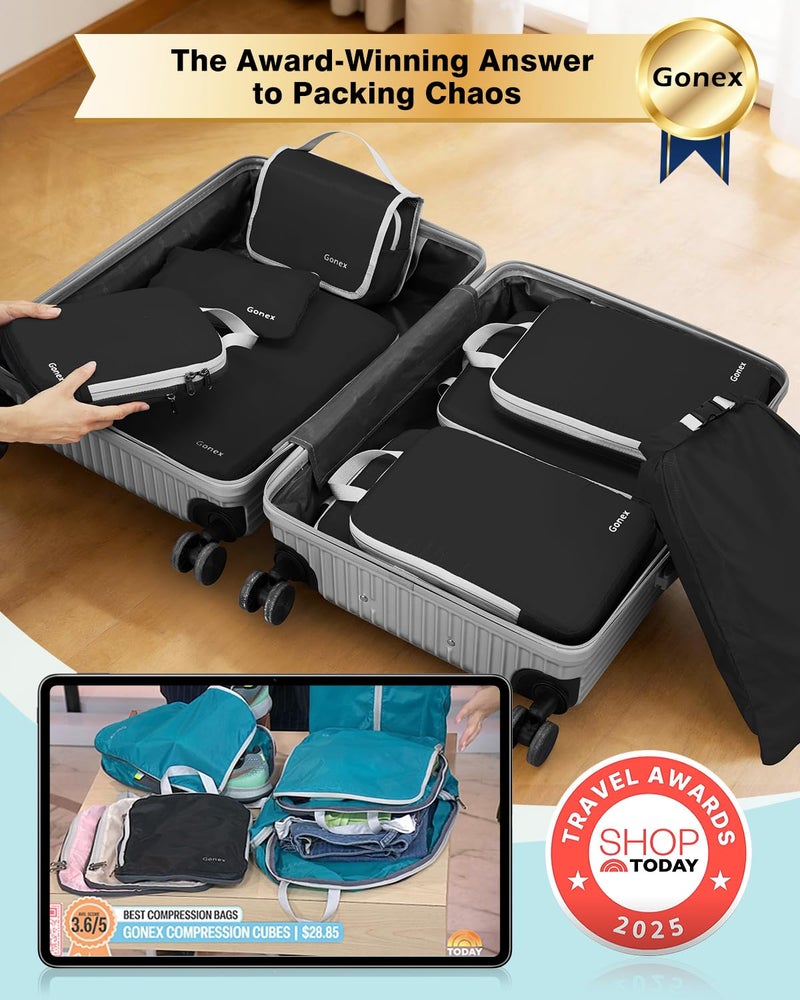 Gonex 10 Set Compression Packing Cubes, Expandable Storage Travel Bags for Suitcase, Luggage Organizers with Hanging Toiletry Bag Laundry Bag Shoe Bag Accessories Bag (Black) - Image 2