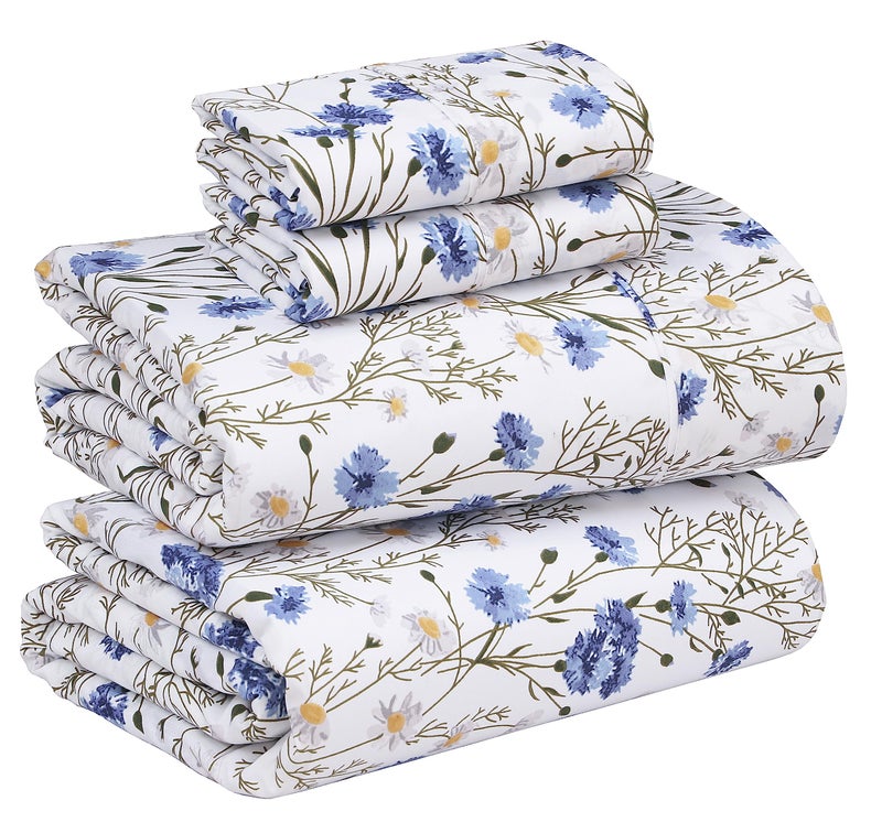 RUVANTI 100% Cotton Sheets â€“ California King Percale Bedding, Cooling & Breathable Floral Design, Durable with a Crisp, Soft & Comfortable Feel, 14" Deep Pocket, 4-Piece Set, Sweet Pea - Image 1