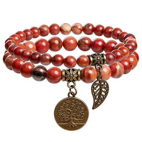 Bivei Red Jasper Beaded Bracelets Root Chakra Natural Crystal Gold Life Tree and Leaf Charm Quartz Energy Bracelet Set Semi-Precious Gemstone Stretch Bracelets for Women Calming Anxiety - Image 1