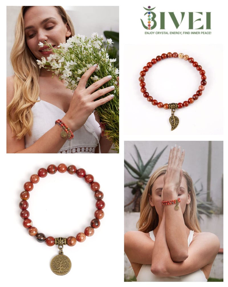 Bivei Red Jasper Beaded Bracelets Root Chakra Natural Crystal Gold Life Tree and Leaf Charm Quartz Energy Bracelet Set Semi-Precious Gemstone Stretch Bracelets for Women Calming Anxiety - Image 3