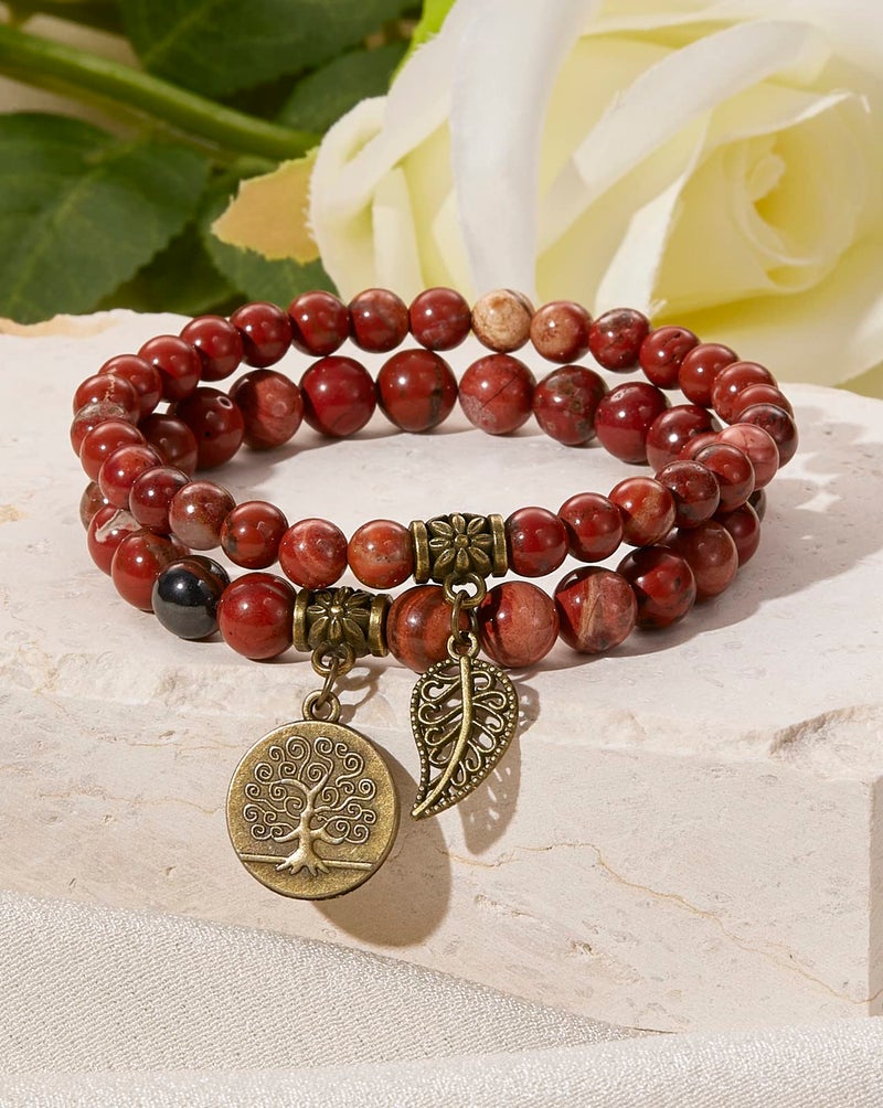 Bivei Red Jasper Beaded Bracelets Root Chakra Natural Crystal Gold Life Tree and Leaf Charm Quartz Energy Bracelet Set Semi-Precious Gemstone Stretch Bracelets for Women Calming Anxiety - Image 4