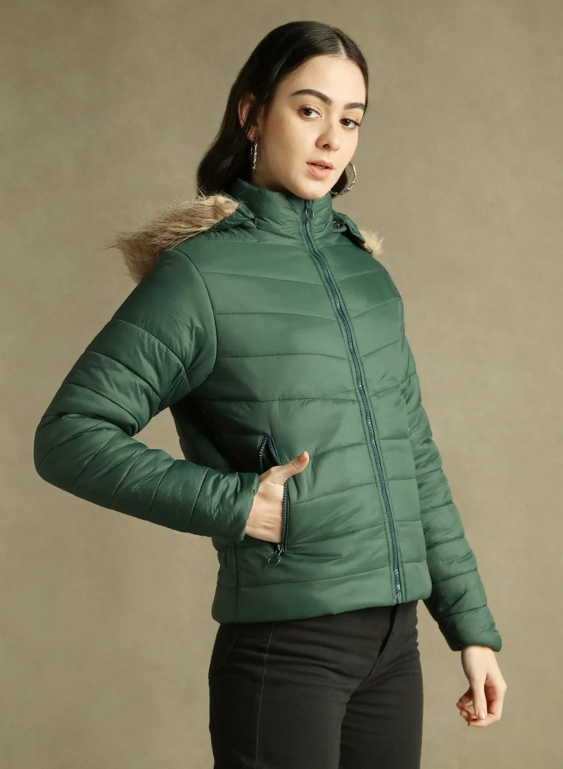 Dennis Lingo Women's Dark Green 100% Polyester Solid Regular Fit Jacket