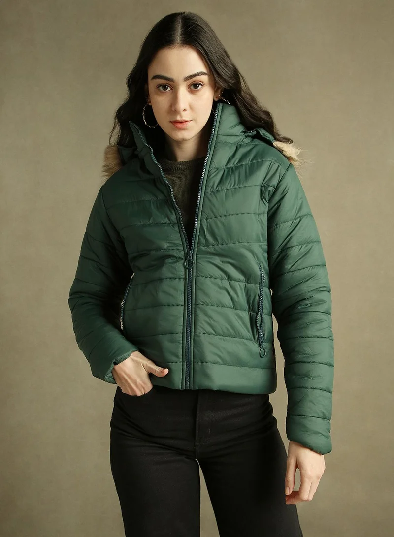 Dennis Lingo Women's Dark Green 100% Polyester Solid Regular Fit Jacket