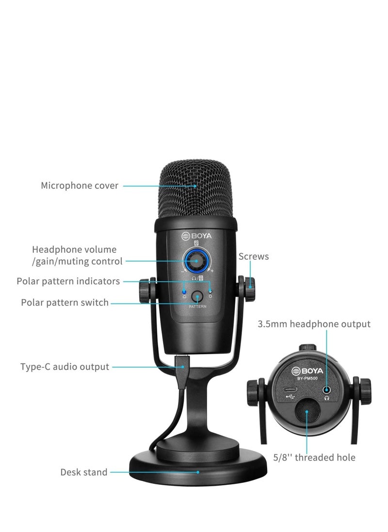 BOYA - BOYA BY-Pm500 USB Condenser Microphone with Table Stand for Streaming, Podcasting, YouTube, Windows, Mac, PC, Smartphones with USB Type-C Port, Black, UHF - Image 1