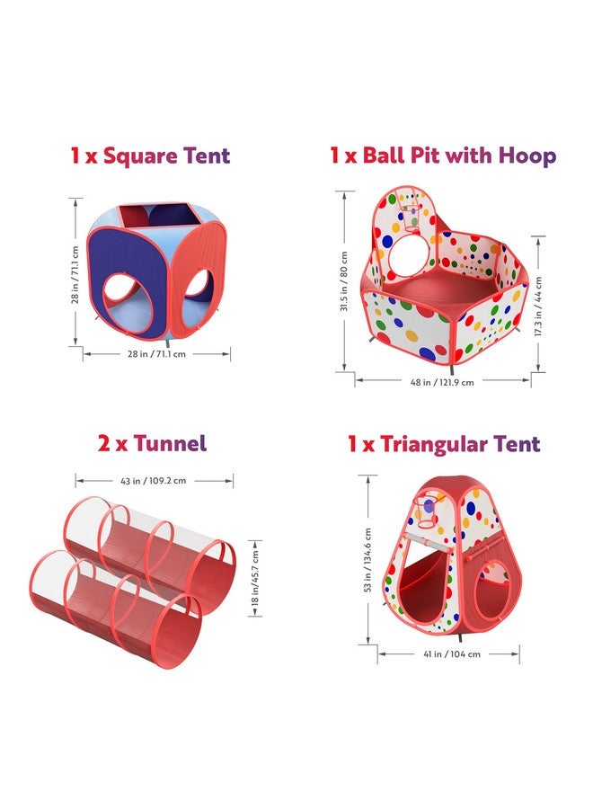 Playz 5-Piece Kids Play Tents Crawl Tunnels And Ball Pit Popup Bounce Playhouse Tent With Basketball Hoop For Indoor And Outdoor Use With Red Carrying Case - Image 3