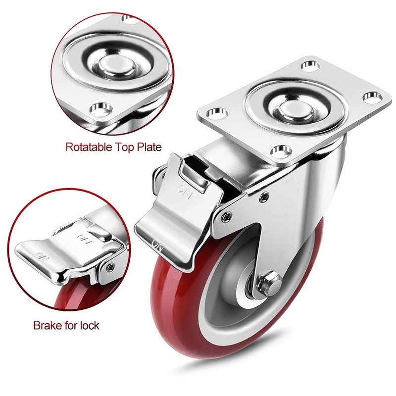 Spacecare 5 Caster Wheels Set of 4 Lockable Bearing Plate Caster Wheels with Brakes 360degree Swivel Casters Wheels for Furniture and Workbench Cart 1460Lbs with 360 Degree No Noise Plate Castors - Image 4