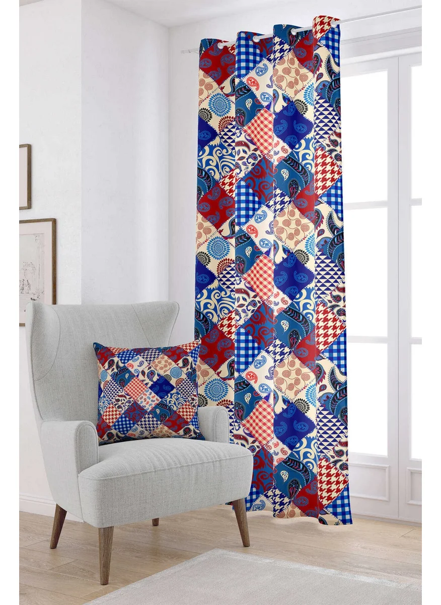 Cango Home Red Blue Ethnic Patchwork Patterned Digital Printed Curtain CGH605-PR