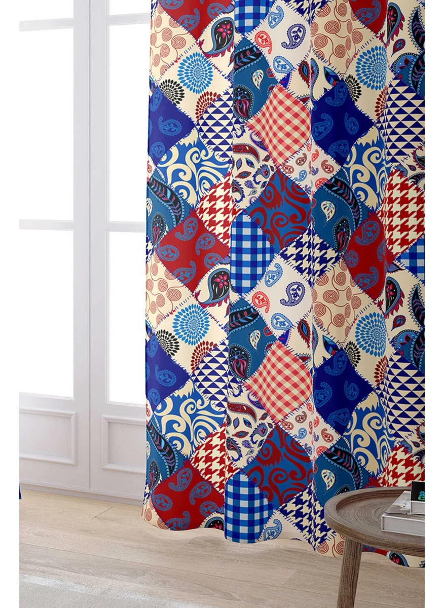 Cango Home Red Blue Ethnic Patchwork Patterned Digital Printed Curtain CGH605-PR