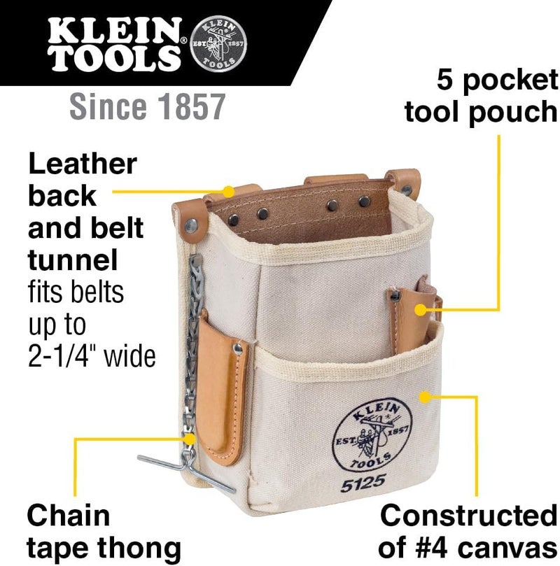 Klein Tools 5125 Canvas and Leather 5-Pocket Tool Pouch with Chain Tape Thong - Image 2