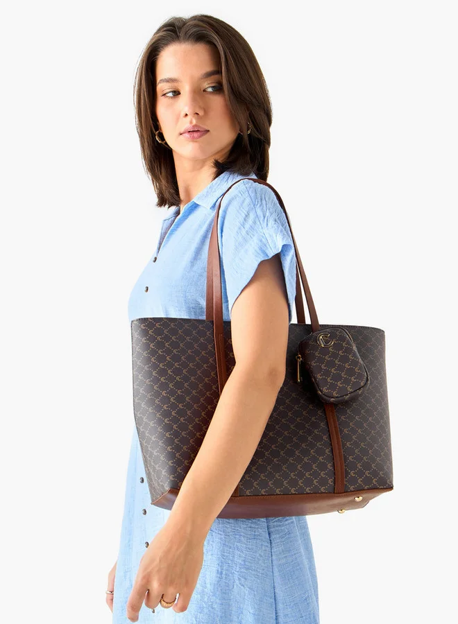 لو كونفورت Monogram Print Tote Bag with Zip Closure and Pouch
