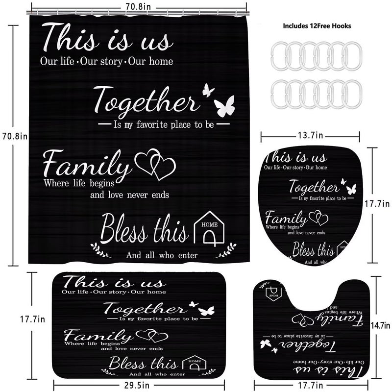 AZHM Family Shower Curtain Set Black Home Bathroom Set with Shower Curtain and Rugs and Accessories Bathroom Decor Curtain with 12 Hooks - Image 4